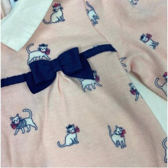 Janie and Jack Baby Girl Pink Cat Print Long Sleeve Romper With Navy Bow 3-6 Mon - Picture 5 of 7